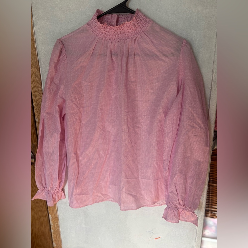 Tucker NYC Pink Floral Silk Cotton Blouse - Smocked Neck Ruffle Cuff - Size S